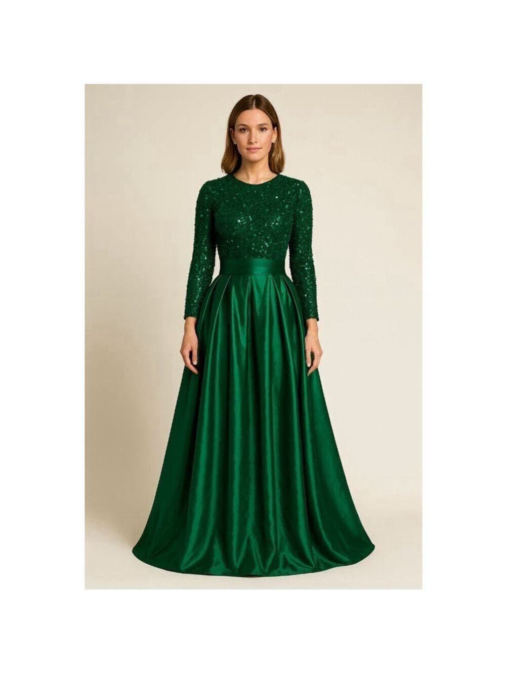 MU XIANG CHEN Green Sequin Long Sleeve Maxi Dress